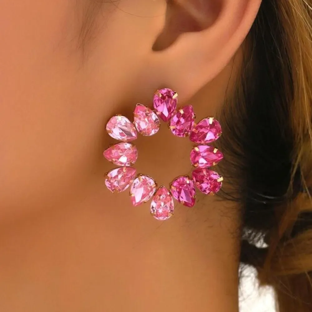 Pink round crystal stone stud A24